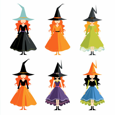 Six stylish witches wearing colorful dresses pointy hats stand against white background. Various witch costumes feature different colors black, orange, blue, green, witch has unique dress designのイラスト素材