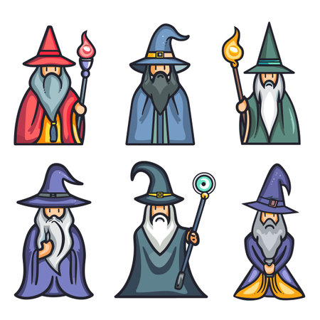Six wizards wearing colorful robes pointy hats holding magical staves. Cartoon wizards long beards, mystical attire, casting spells magical powers. Fantasy characters set wizards, enchantersのイラスト素材