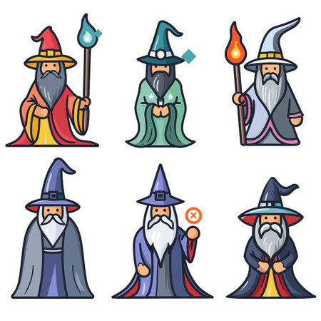 Six cartoon wizards wearing colorful robes hats, holding staffs magical symbols, wizard has distinctive beard cloak, depicting unique magical character. Vibrant colors, friendly appearance, suitableのイラスト素材