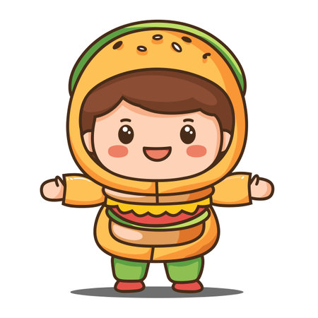 Child cartoon character dressed hamburger, smiling, cute food costume. Young boy burger outfit, happy, playful, fast food theme, colorful costume. Cheerful kid burger suit, adorable, joyのイラスト素材