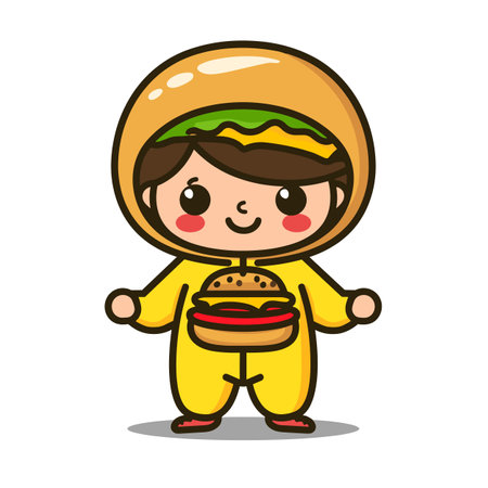 Cute cartoon character dressed hamburger holding cheeseburger. Character smiles, wears burger costume, offers fast food delight. Kidfriendly illustration, foodthemed, simple lines, flat designのイラスト素材