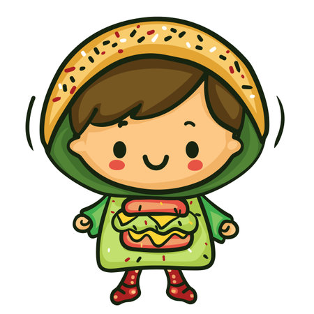 Cartoon child dressed taco, cheerful costume design, cute taco boy smiling. Adorable kid food outfit, creative children apparel, playful young character. Happy youngster wearing tasty Mexican foodのイラスト素材