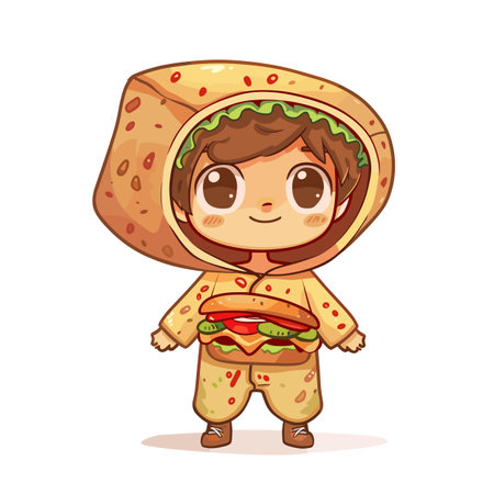Child dressed taco, cute taco costume, smiling kid food outfit. Cartoon boy wearing taco suit, playful fast food disguise illustration. Young child happy savory Mexican cuisine attire isolated whiteのイラスト素材