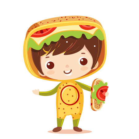 Young boy dressed taco holding taco smiling cheerful. Child costume party food theme happy expression. Cartoon kid fun fancy dress Mexican cuisine representationのイラスト素材
