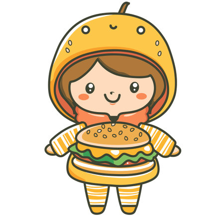Girl dressed hamburger orange helmet, cute costume smiling, holding burger, cartoon character. Child fast food outfit, cheerful expression, playful kid pretending be meal. Adorable young girl roleのイラスト素材