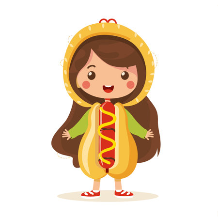 Young girl dressed hot dog smiling, standing, wearing costume. Child food outfit looking cheerful, happy expression, cartoon character. Kids party, dressing up, hot dog suit, playful mood, fun eventのイラスト素材