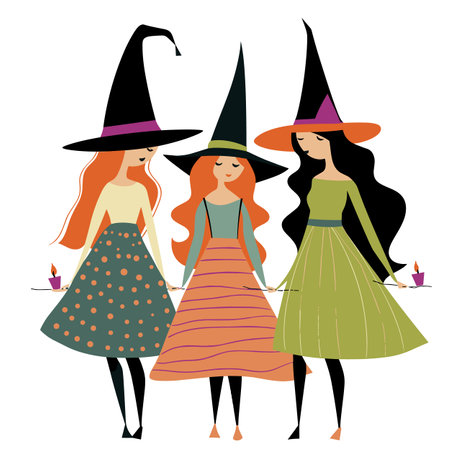 Three stylish witches holding hands, vibrant Halloween costumes, festive celebration. Young witches pointy hats, striped stockings, fashionable dresses, whimsical Halloween gathering. Charmingのイラスト素材