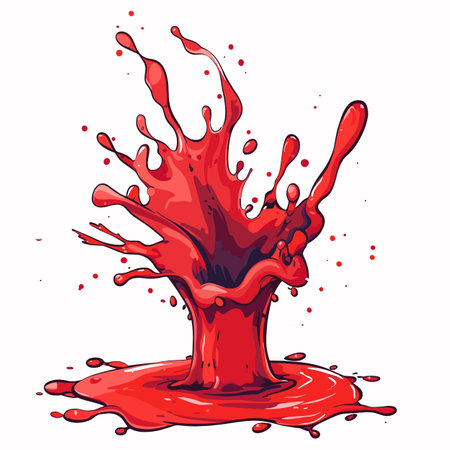 Bright red splash resembling thick liquid erupting upwards. Vibrant crimson splatter effect against plain background. Dynamic red droplets suspended around central splashのイラスト素材