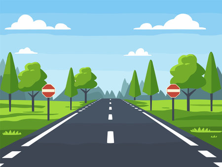Straight road disappearing into horizon, cartoon style, clear day. Road signs next trees, grassy roadside, mountain backdrop. Symmetrical trees line vanishing point road, vibrant colorsのイラスト素材