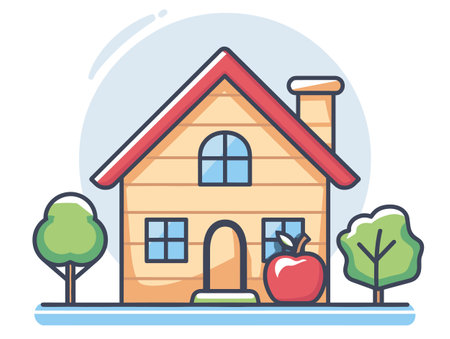 Cartoon house illustration red roof, chimney, blue windows, surrounded two trees red apple. Residential home drawing, cozy cottage concept, colorful suburban living, isolated white backgroundのイラスト素材