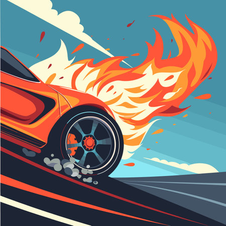 Orange sports car speed flames trailing fast drive dynamic design blue sky clouds. Racing vehicle burning fire motion concept graphic vibrant colors speed road. Exotic automobile fiery tailのイラスト素材
