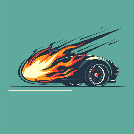 Speeding black sports car enveloped orange yellow flames against teal background. Aggressive flame design suggests high speed, power, energy. Vintage style drawing depicts car fire moving fastのイラスト素材