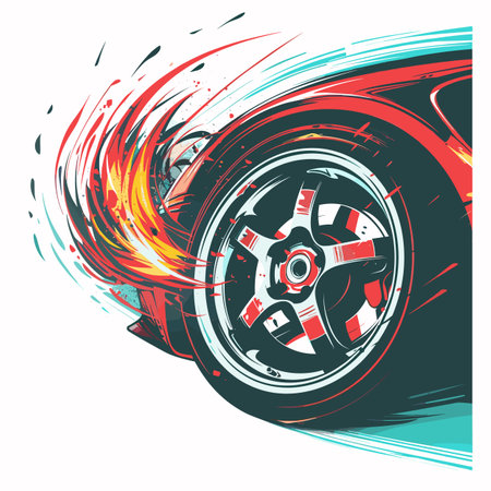 Racing car wheel spinning fast dynamic motion blur fiery sparks. Speed concept sports car illustration red light turquoise streaks. Closeup tire aggressive flame designのイラスト素材