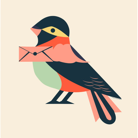 Stylized bird carrying envelope, concept delivery, communication. Colorful geometric bird illustration, postal service, message concept. Cartoon bird, pink black, delivering letter, isolated beigeのイラスト素材