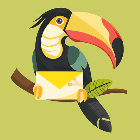 Toucan sitting branch holding envelope, greenish background. Cartoon toucan mail carrier, vibrant colors. Tropical bird, colorful beak, delivering letter, stylized illustrationのイラスト素材