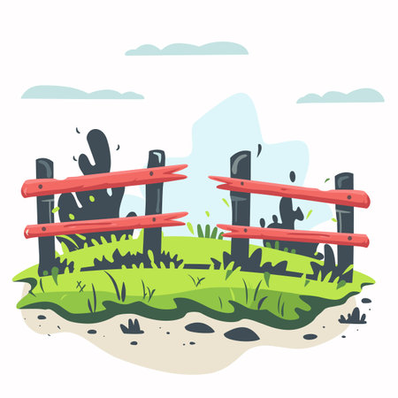 Broken wooden fence cartoon vector illustration. Damaged wood fence, grass, dirt path, peaceful sky. Cartoon style broken fence isolated whiteのイラスト素材