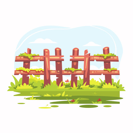 Wooden fence surrounded lush greenery under clear blue sky. Cartoon style garden fence illustration, vibrant colors, peaceful scenery. Bright sunny day cheerful landscape artworkのイラスト素材