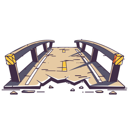 Broken bridge graphic isolated white background. Damaged overpass cartoon illustration beige blue. Destroyed viaduct debris rubble illustrationのイラスト素材
