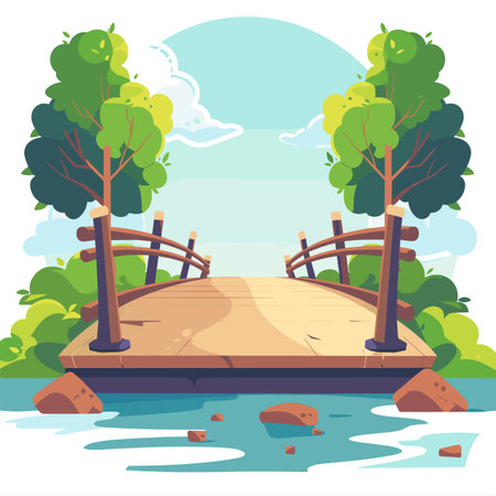 Wooden bridge over tranquil water surrounded lush greenery, peaceful nature scenery vector illustration. Calm lake river footbridge, serene landscape cartoon style. Summer day park, blue skyのイラスト素材