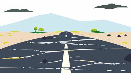 winding road disappearing into distance backdrop mountains clouds. Road covered cracks potholes, suggesting disrepair postdisaster. Cartoon trees flank road, adding touch greenery barren landscapeのイラスト素材