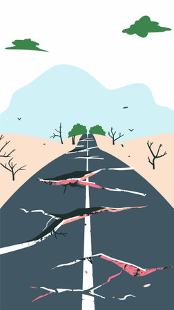 Desert road stretching into horizon cracks damage, abstract minimalist art style. Vector graphic depicts damaged asphalt pavement abstract design, pastel colors, surreal landscape. Dry barren landのイラスト素材