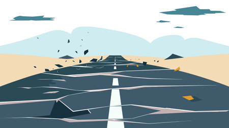 Cracked asphalt road leading through desolate landscape, broken road signs lay scattered, concept abandoned postdisaster area. Damage, destruction visible surface, surrounded barren hills underのイラスト素材
