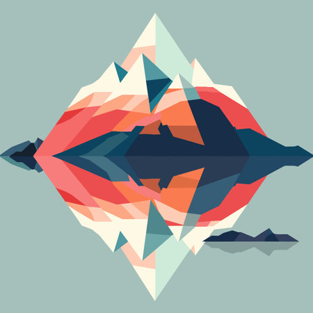 Abstract geometric mountains reflected water, modern digital art. Low landscape peaks, water reflection, creative design, art style mountain range lake reflectionのイラスト素材