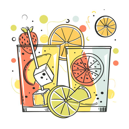 Stylized vector illustration citrus fruit drinks vibrant colors, garnished orange lemon slices. Refreshing summer beverages concept abstract shapes whimsical lines. Modern art piece featuringのイラスト素材