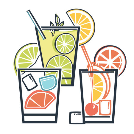 Stylized vector illustration summer drinks citrus fruits ice cubes. Three colorful glasses, one lemon, another lime, third orange cherry. Bright refreshing cocktail designs, ideal menus summerのイラスト素材