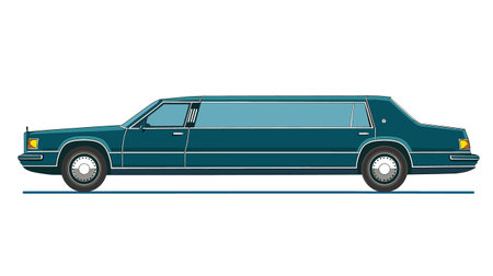 Side profile classic luxury limousine, teal color body, elegant design, detailed illustration. Teal colored stretch limousine representing wealth, transportation, formal events. Sleek vehicleのイラスト素材