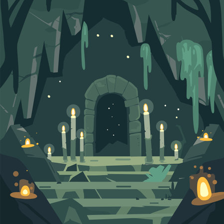 old stone archway entrance lit candles inside dark ancient cave temple overgrown moss vines. Spooky candlelit stone leads entrance mysterious cave surrounded rocks drippingのイラスト素材