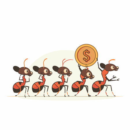 Four red black ants carry golden coin. Ants march line carrying currency. Business teamwork concept cartoon charactersのイラスト素材