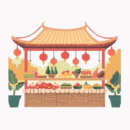 Street market stand offering variety fresh vegetables fruits under traditional pagoda roof decorated red lanterns. Farmers market stall displaying produce green leafy plants isolated whiteのイラスト素材