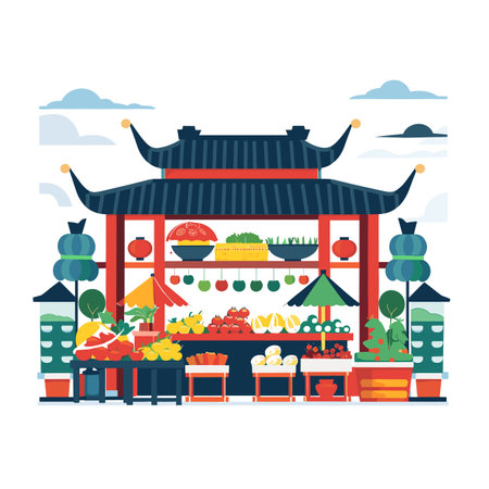 Asian marketplace vegetable fruit shop vivid colors decorative arch traditional roof lanterns various produce display lush greenery bustling market scene rural village stalls isolated whiteのイラスト素材