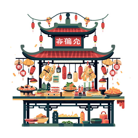Traditional Asian food stall serving variety dishes under red lanterns decorations. Street market vendor assortment hanging meats, bowls, plates featuring Asian cuisine. Architectural pagoda styleのイラスト素材