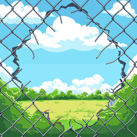 Three described scenarios 1. Broken chainlink fence revealing lush, green meadow bright sunny day scattered clouds. Chainlink fence damaged, illustrating freedom escape into nature. Vibrantのイラスト素材