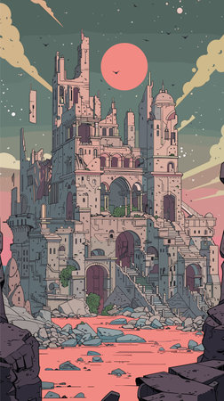 Ancient castle towering, twilight sky filled birds, red sun setting. Medieval fortress ruin standing, barren rocky landscape. Stone structure looming, mystical atmosphere, impending eveningのイラスト素材