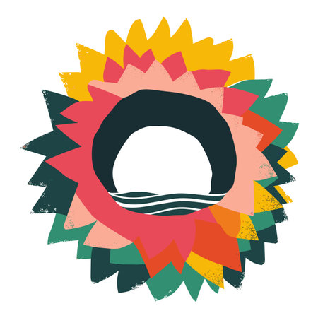 Abstract colorful sunflower, layered petals, gradient yellow, orange, green, pink, circular composition, isolated white background. Central black center, wavy lines, resembling sunset sunriseのイラスト素材