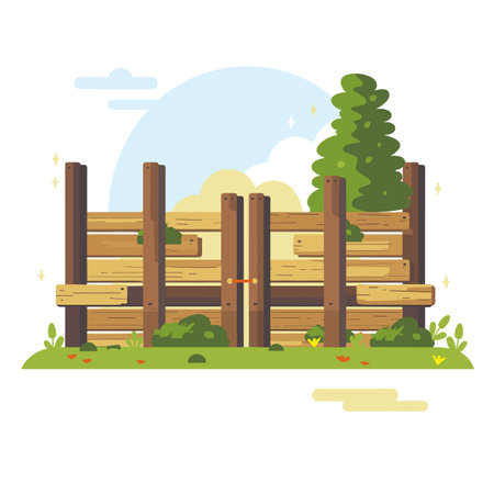 Wooden fence showing wear rustic charm. Various planks posts small plants greenery around structure. Bright day, clear sky, few clouds, lush surroundingsのイラスト素材