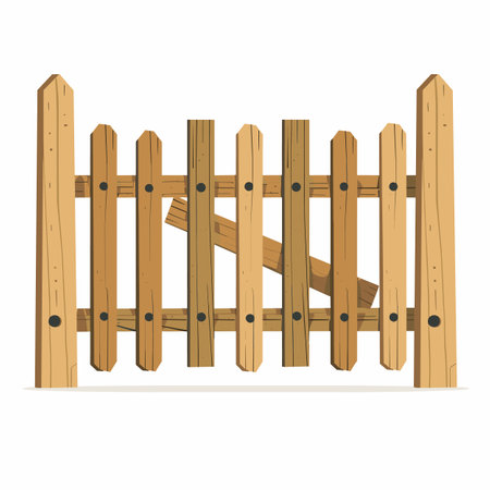 Weathered wooden fence panels, isolated white, natural planks, rustic look. Broken fence section, exposed nails, wornout condition, isolated white. Wooden barrierのイラスト素材