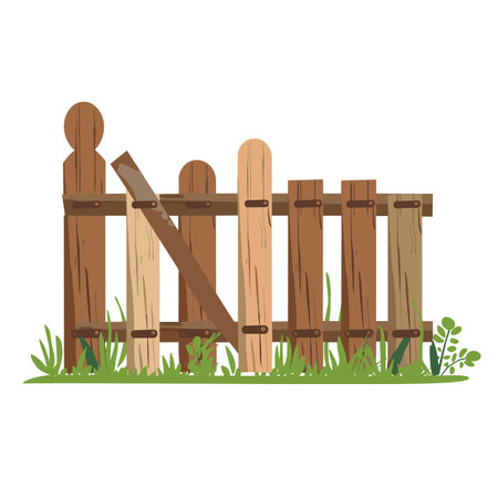 Broken wooden fence illustration wooden planks varying shades brown beige sections. Grass small plants grow bottom edge fence, set against white background, image be used depictのイラスト素材