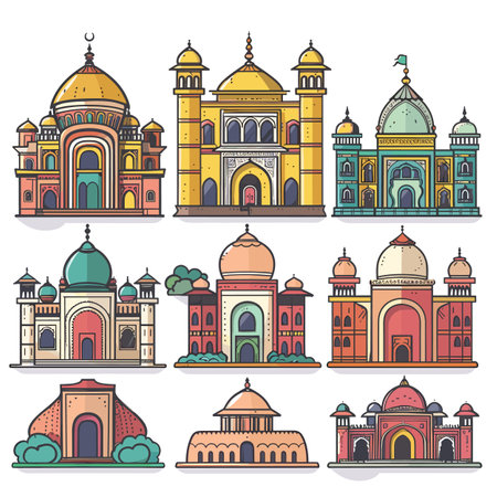 Collection colorful Indian architecture vector illustrations, featuring various styles historical buildings. Detailed India landmarks showcasing domes, arches, intricate facades, set againstのイラスト素材