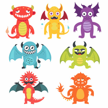 Collection cartoon monsters, colorful cute monsters, isolated vector illustrations. Six different funny monsters wings, horns tails, character design children. Bright monster characters, playfulのイラスト素材