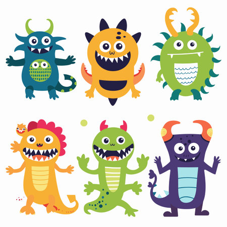 Collection six colorful cute monster illustrations isolated white background. Cartoon creatures various eyes, horns, smiles playful poses. Funny monster characters, perfect childrens book partyのイラスト素材