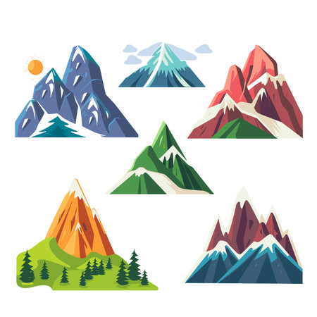 Collection six mountain landscapes, illustration featuring different mountain shapes colors. Snowcapped peaks, green hills, evergreen trees, sun, clouds, cartoon style isolated white backgroundのイラスト素材