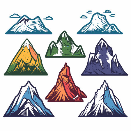 Colorful mountain peaks illustration, handdrawn style, isolated white background. Various mountain types, ranging snowcapped peaks volcanic mountains, nature exploration theme. Artisticのイラスト素材