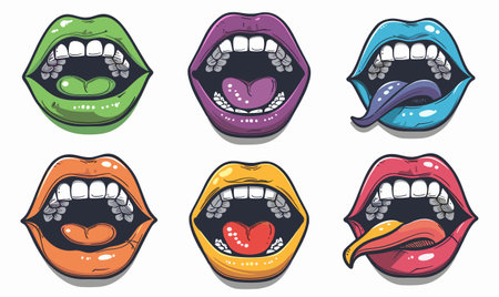 Six stylized cartoon mouths various expressions colors, showing teeth, tongues, lips. Top row features green mouth teeth bared, purple heart shape tongue, blue mouth extended tongue. Bottom rowのイラスト素材