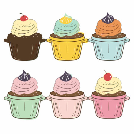 Six colorful cupcakes various toppings, resembling whipped cream, one topped cherry. Cartoon style desserts, creamy frostings, pink, blue, brown cups. Cute design, party, sweet foodのイラスト素材