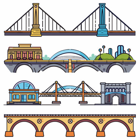 Collection various bridge designs ranging suspension arch truss bridges, illustrated colorful simplistic style. Bridges display different architectural elements, featuring vehicles tram themのイラスト素材