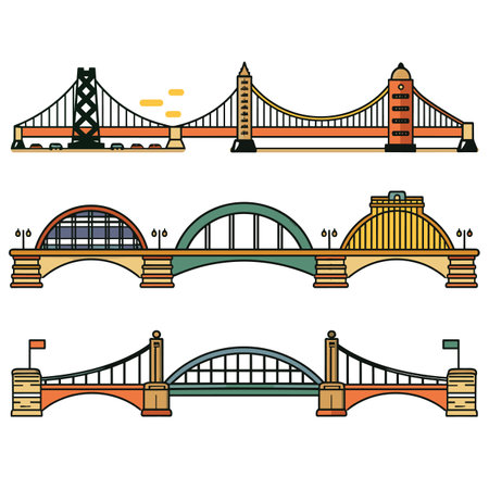 Three stylized bridges architecture illustrations, colorful flat design, isolated white background. Cartoon bridges representing engineering, transport connections, cityscape elements. Simplifiedのイラスト素材
